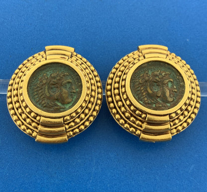 Vintage DIVA Gold Tone Etruscan Inspired Ancient Coin Clip Statement Earrings