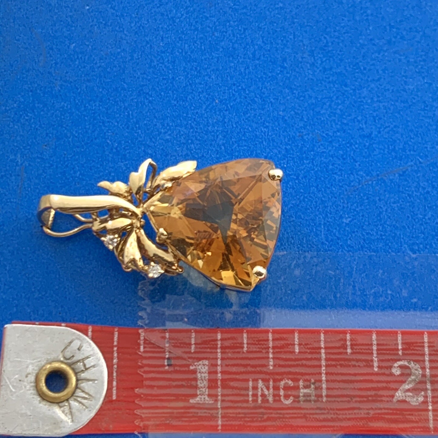 Vintage 14K Yellow Gold Trillion Citrine Diamond Accented Enhancer Pendant