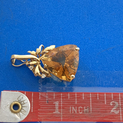 Vintage 14K Yellow Gold Trillion Citrine Diamond Accented Enhancer Pendant