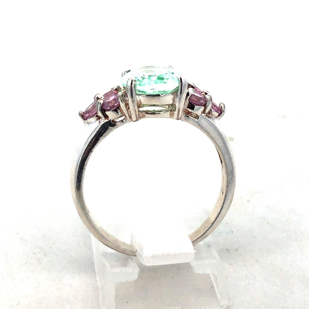 Designer HAN 925 Sterling Silver Oval Seyfoam Green Pink CZ Accent Cocktail Ring