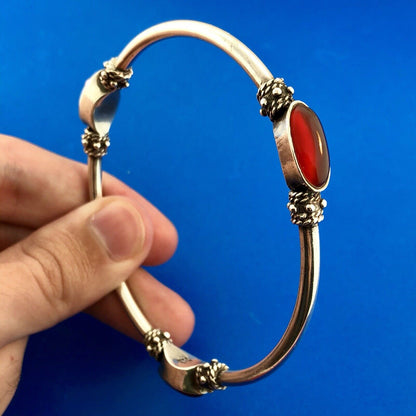 Vintage Designer FAS 925 Sterling Silver Carnelian Station Bead Bangle Bracelet