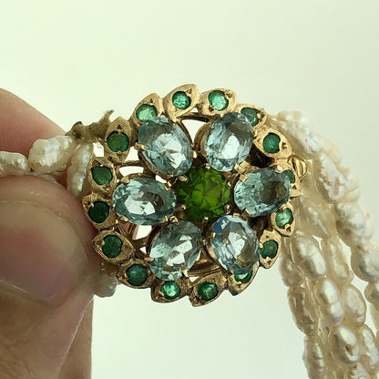 Retro 14K Yellow Gold Pearl Emerald Aquamarine Glass 8 Strand Statement Necklace