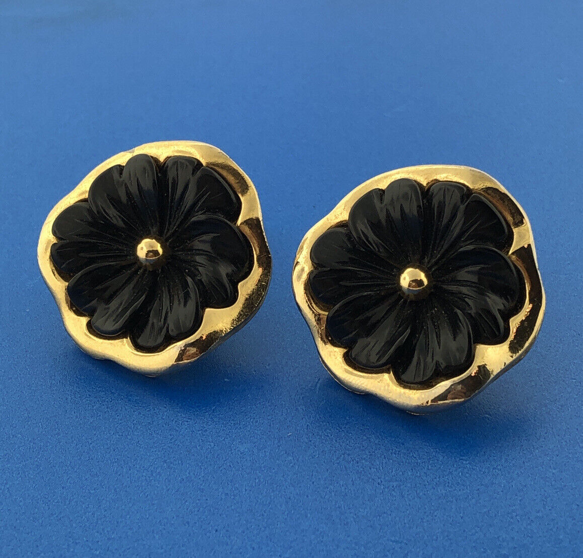 Designer Kenneth Lane Gold Toned Black Resin Floral Clip-On Earrings