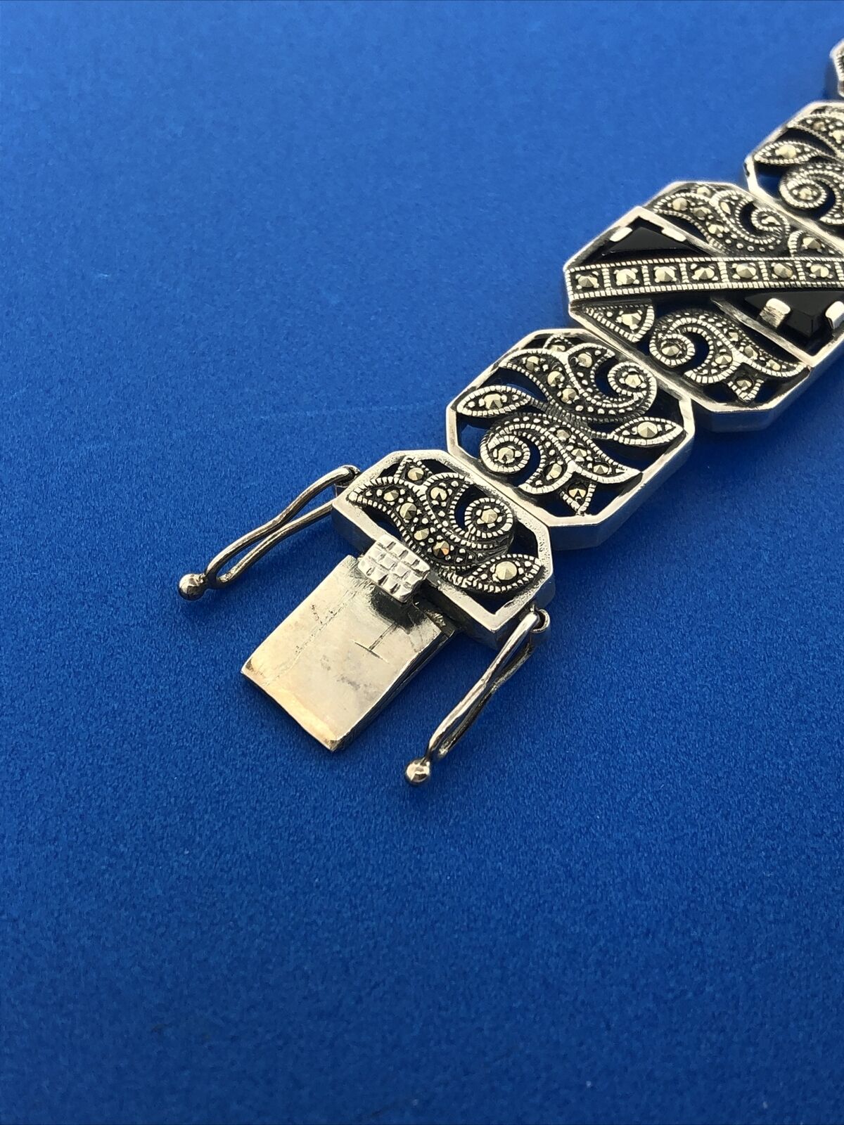 Art Deco Style 925 Sterling Silver Black Onyx Marcasite Scroll Panel Bracelet