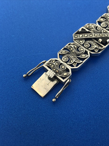 Art Deco Style 925 Sterling Silver Black Onyx Marcasite Scroll Panel Bracelet