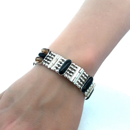 Modernitst Taxco Sterling Silver Oval Black Onyx Cabochon Beaded Panel Bracelet