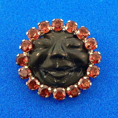 Art Deco Unusual 10K Yellow Gold Citrine Halo Carved Black Resin Cameo Pendant