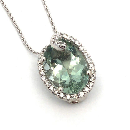 Designer SG 14K White Gold Oval Green Amethyst Diamond Swirl Pendant Necklace