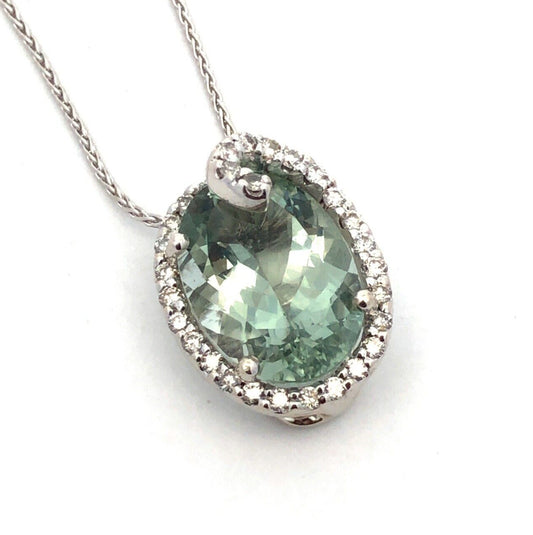 Designer SG 14K White Gold Oval Green Amethyst Diamond Swirl Pendant Necklace