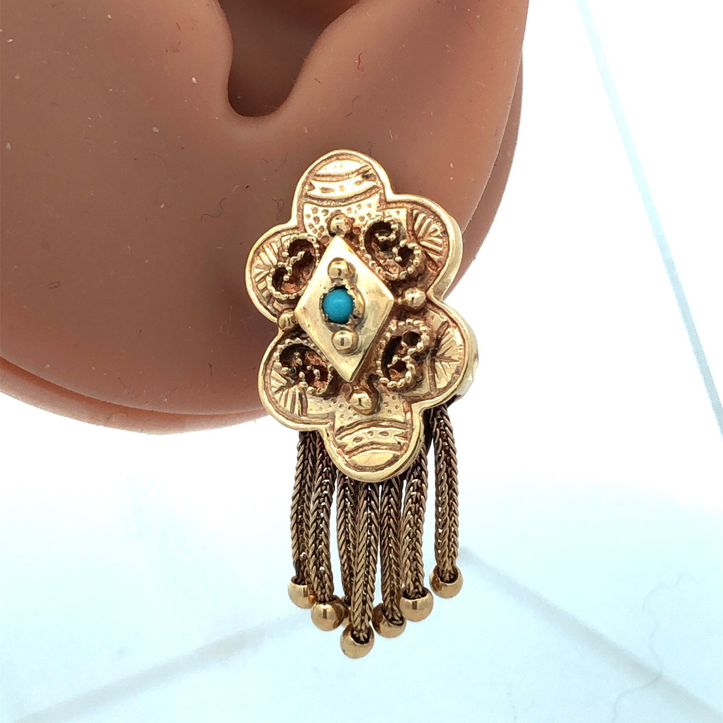 Vintage 14k Yellow Gold Edwardian Dangle Tassel Earrings with Turquoise