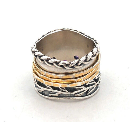 PAZ Creations 925 Sterling Silver Two Tone Amethyst Vine Wide Spinner Band Ring