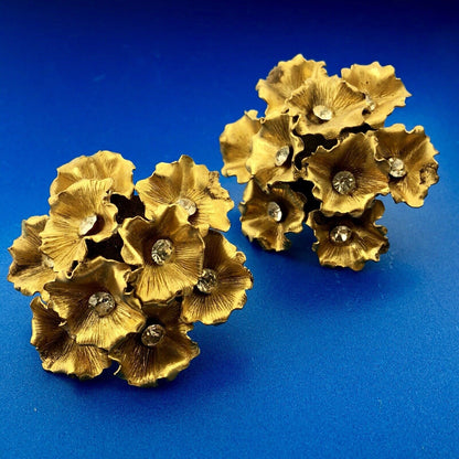 Vintage Gold Tone 3D Rhinestone Floral Cluster Statement Runway Clip Earrings