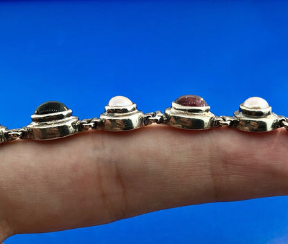 Retro Sterling Silver 925 Green Purple Amethyst Pearl February Toggle Bracelet