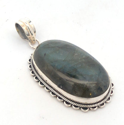 Vintage 925 Sterling Silver Oval Cabochon Labradorite Large Statement Pendant