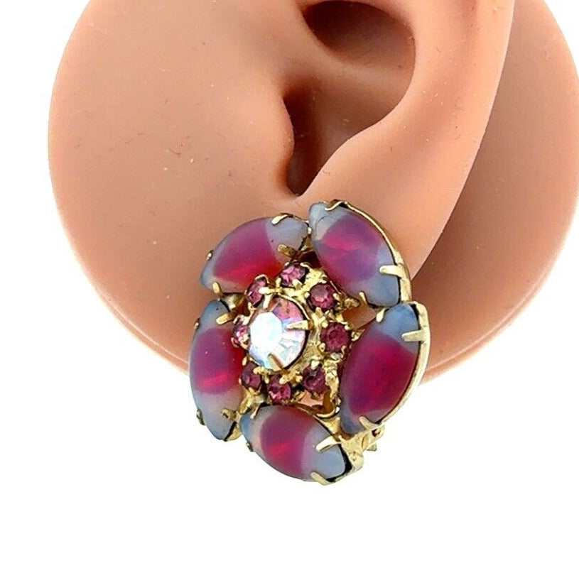 Vintage Gold Tone Pink Purple Rhinestone Jelly Belly Flower Clip On Earrings