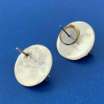 Designer Jeme V 925 Sterling Silver Black Onyx Cabochon Concho Stud Earrings