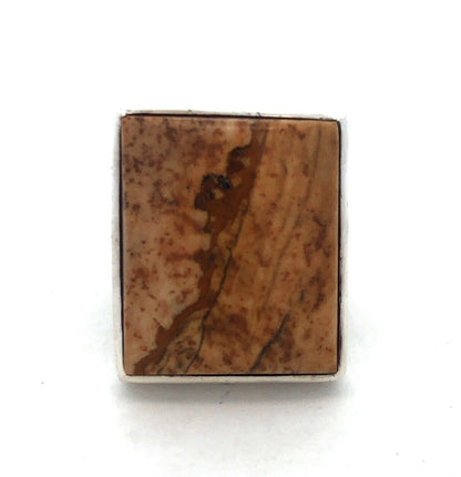 Vintage 925 Sterling Silver Rectangle Brown Jasper Bezel Statement Ring