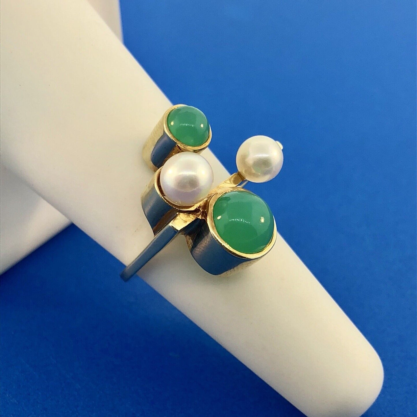 Retro 14K Germany Pearl Tourmaline Modernist Abstract Free Form Cocktail Ring