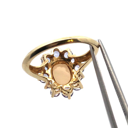 Designer 14K Yellow Gold Oval Opal Tanzanite Halo Statement Cocktail Ring