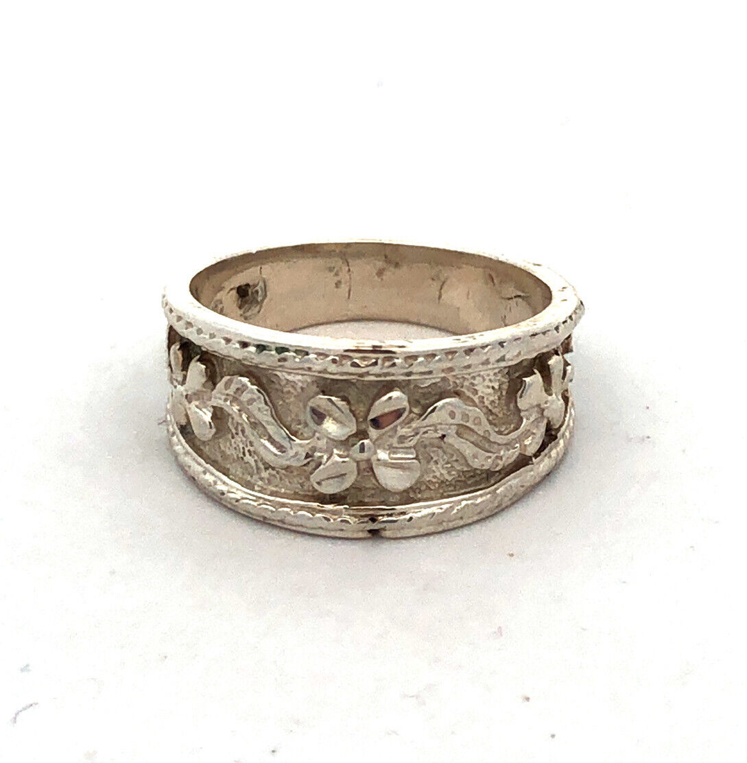 Designer 925 Sterling Silver Floral Detailed Stackable Tapered Wide Band Ring