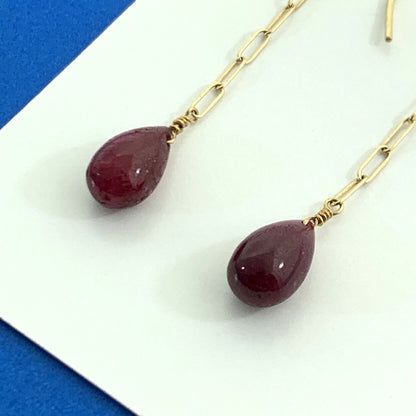 Modernist 14K Yellow Gold Ruby Teardrop Paper Clip Chain Dangle Earrings