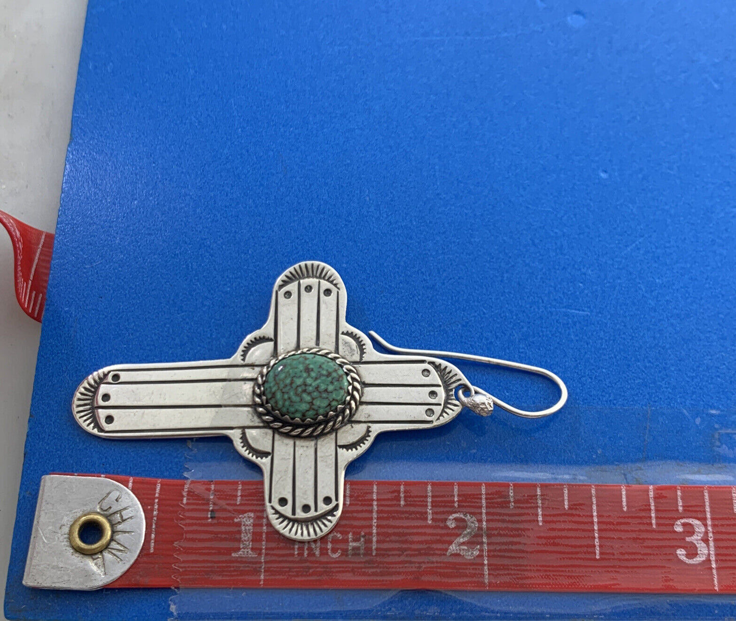 Native American 925 Sterling Silver Concho Green Turquoise Cross Hook Earrings