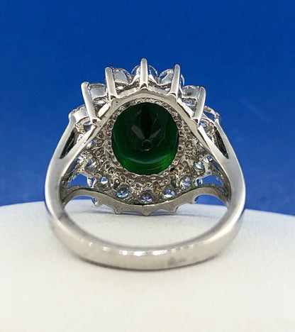 Retro Sterling Silver 925 Green White CZ Statement Fashion Cocktail Ring