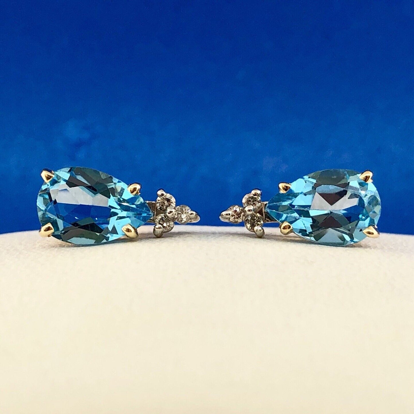 14K Yellow Gold Swiss Blue Topaz Diamond December Anniversary Pear Stud Earrings