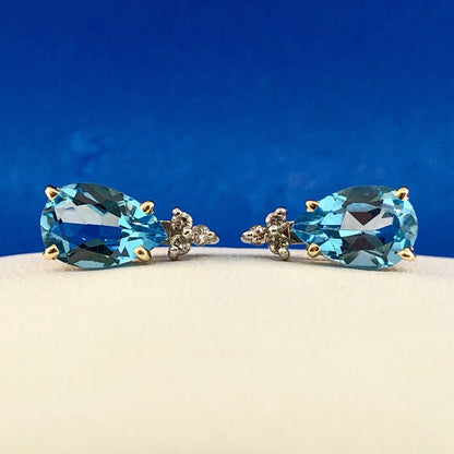 14K Yellow Gold Swiss Blue Topaz Diamond December Anniversary Pear Stud Earrings
