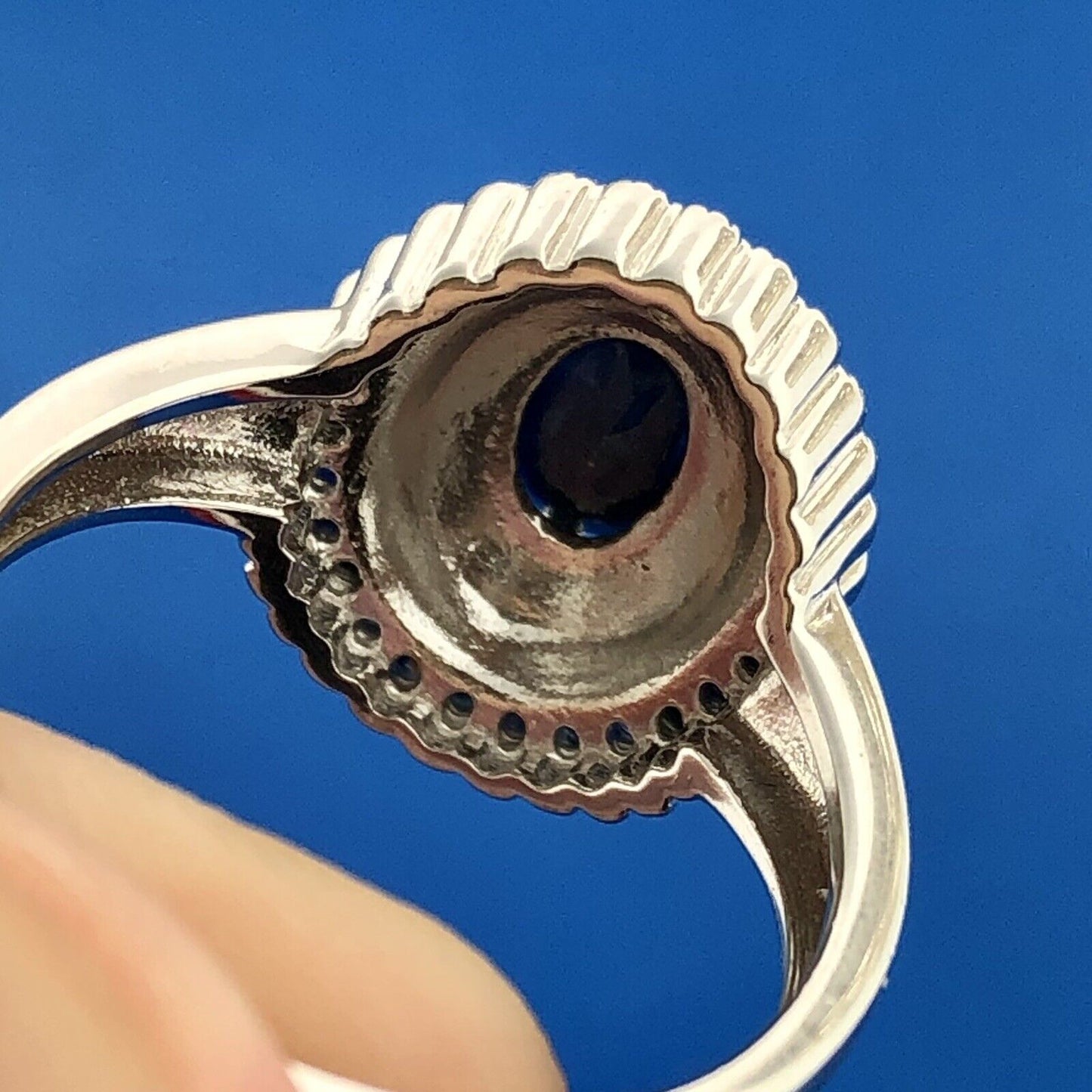 Desinger PAJ 925 Sterling Silver Oval Sapphire Halo September Anniversary Ring