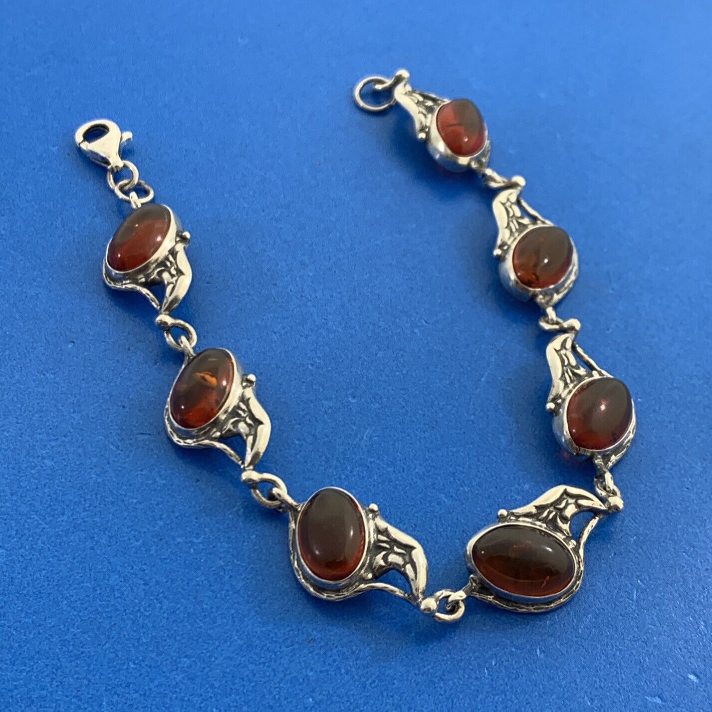 Vintage 925 Sterling Silver Oval Amber Cabochon Station Tennis Bracelet