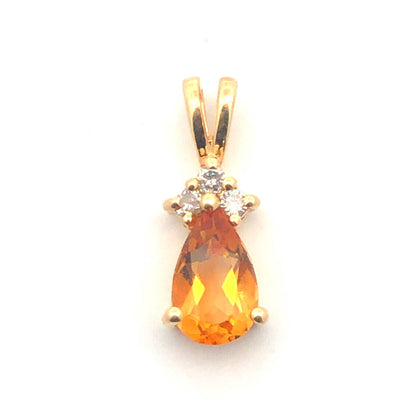 Gorgeous 14k Yellow Gold Pear Cut Citrine Round Cut Diamond Accent Pendant