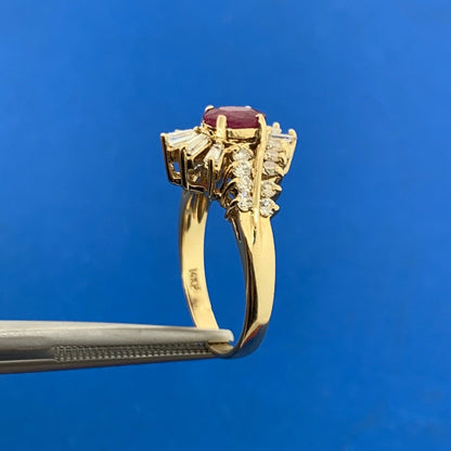 Vintage 14K Yellow Gold Oval Ruby Diamond Accented Cluster Bypass Cocktail Ring
