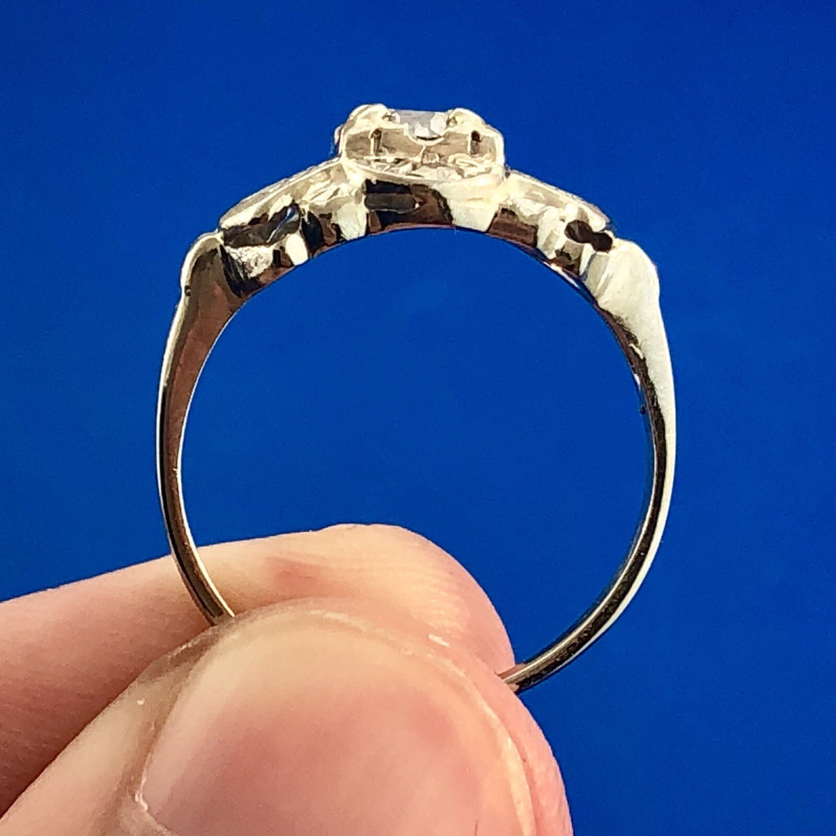 Art Deco 14K White Gold Diamond European Mine Cut Engagement Bridal Ring