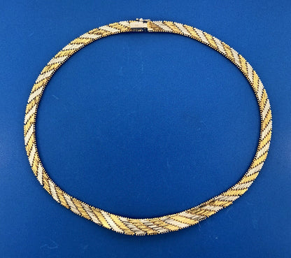Sterling Silver 925 Diamond Two Tone Textured Weave Link V Necklace