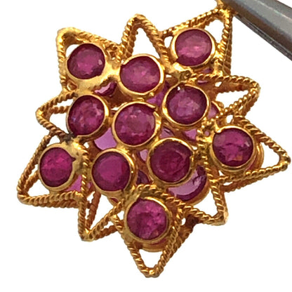 Designer 18K Yellow Gold Round Ruby Cluster Star Snowflake Pendant