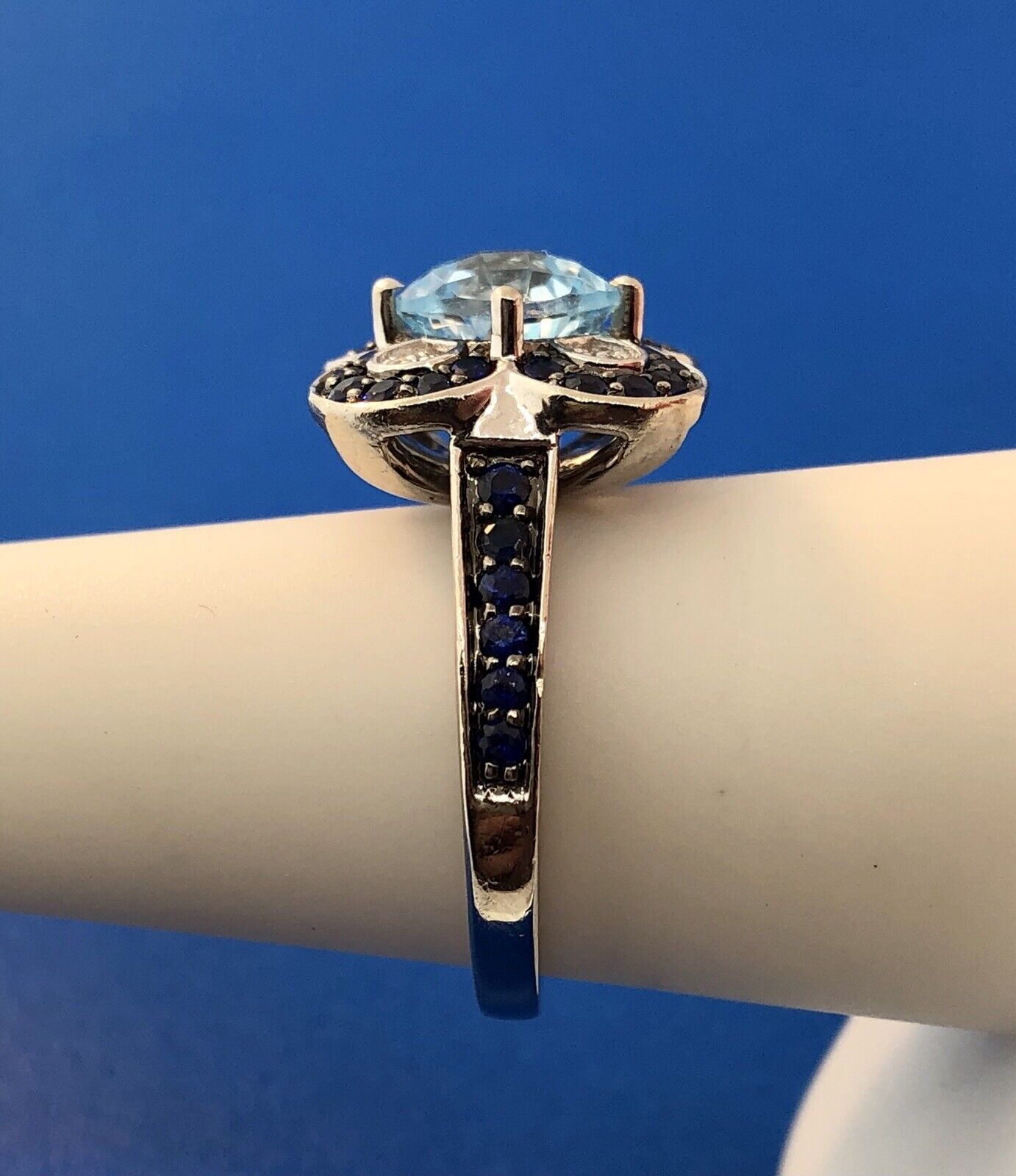 Le Vian 14K White Gold Blue Topaz Diamond Sapphire Flower Cluster Cocktail Ring