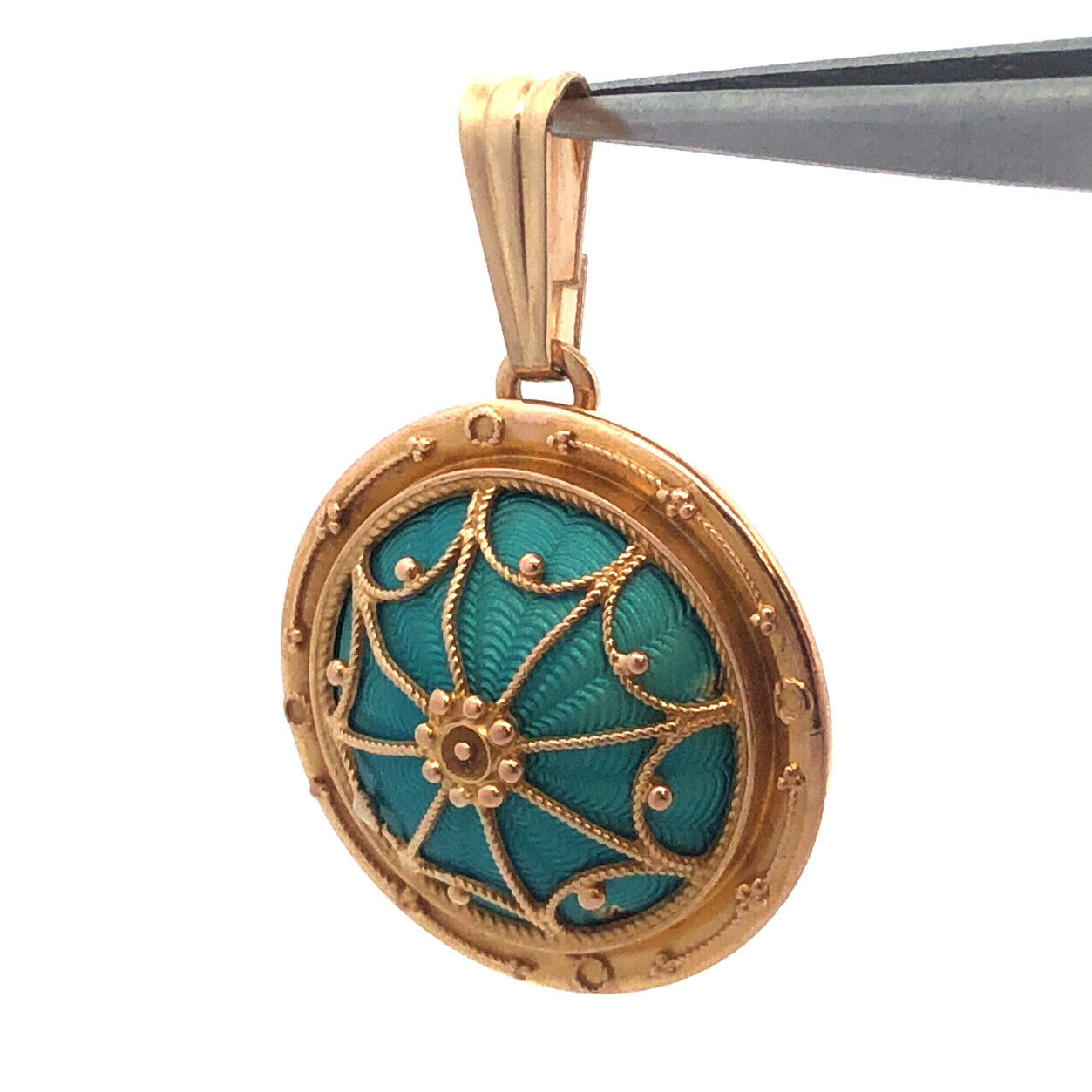 Art Nouveau Art Deco 14K Yellow Gold Aqua Turquoise Guilloche Enamel Pendant