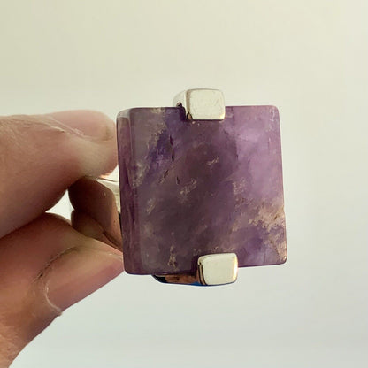Stunning Sterling Silver 925 Square Cut Purple Amethyst Slab Ring Size 8.25