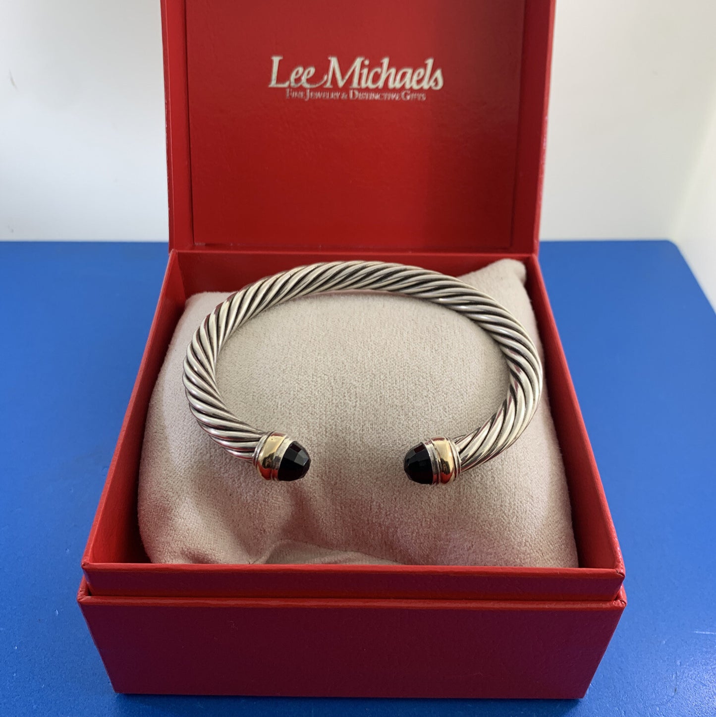 David Yurman 925 Sterling Silver 14K Gold Onyx Cable Classics Open Cuff Bracelet