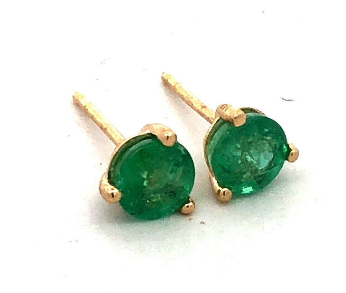 Designer PAM 14K Yellow Gold Round Green Emerald Solitaire Stud Earrings