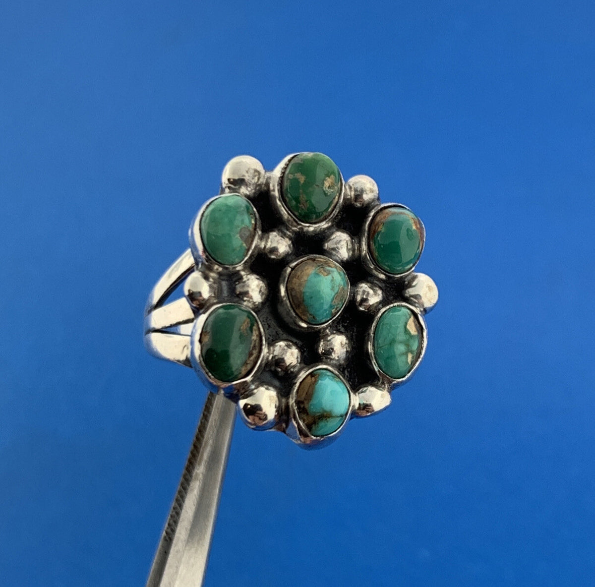 Stunning Sterling Silver 925 Green & Blue Turquoise Cluster Dome Ring Size 8