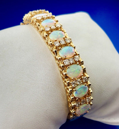 Vintage Jack Gutschneider 14k Yellow Gold Filigree Opal Diamond Cuff Bracelet
