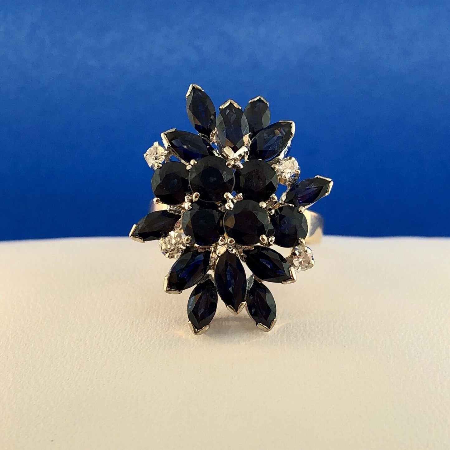 Estate 1982 14K Yellow Gold Sapphire Diamond Waterfall Cluster Statement Ring