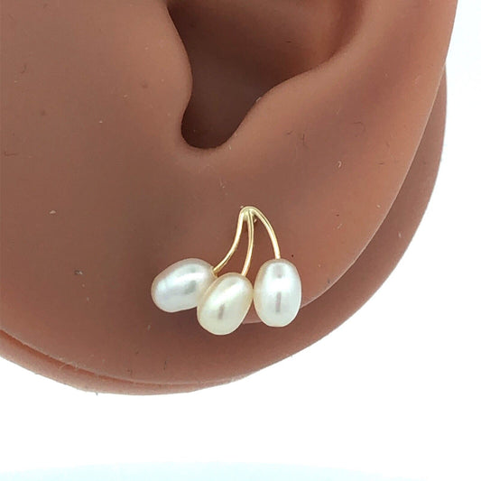 Designer ZZ 14K Yellow Gold Three Oval Pearl Drop Stud Earrings