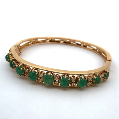 Designer 14k Yellow Gold Cabochon Emerald Diamond Hinged Cuff Bangle Bracelet
