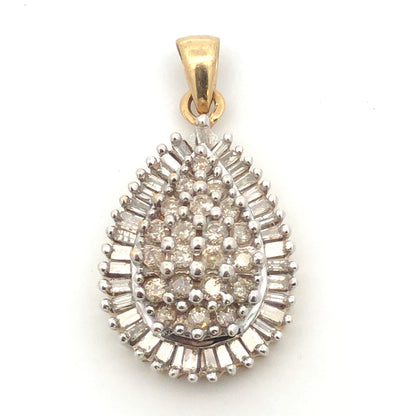 10K Yellow White Gold Diamond Cluster Pear Shaped Statement Pendant