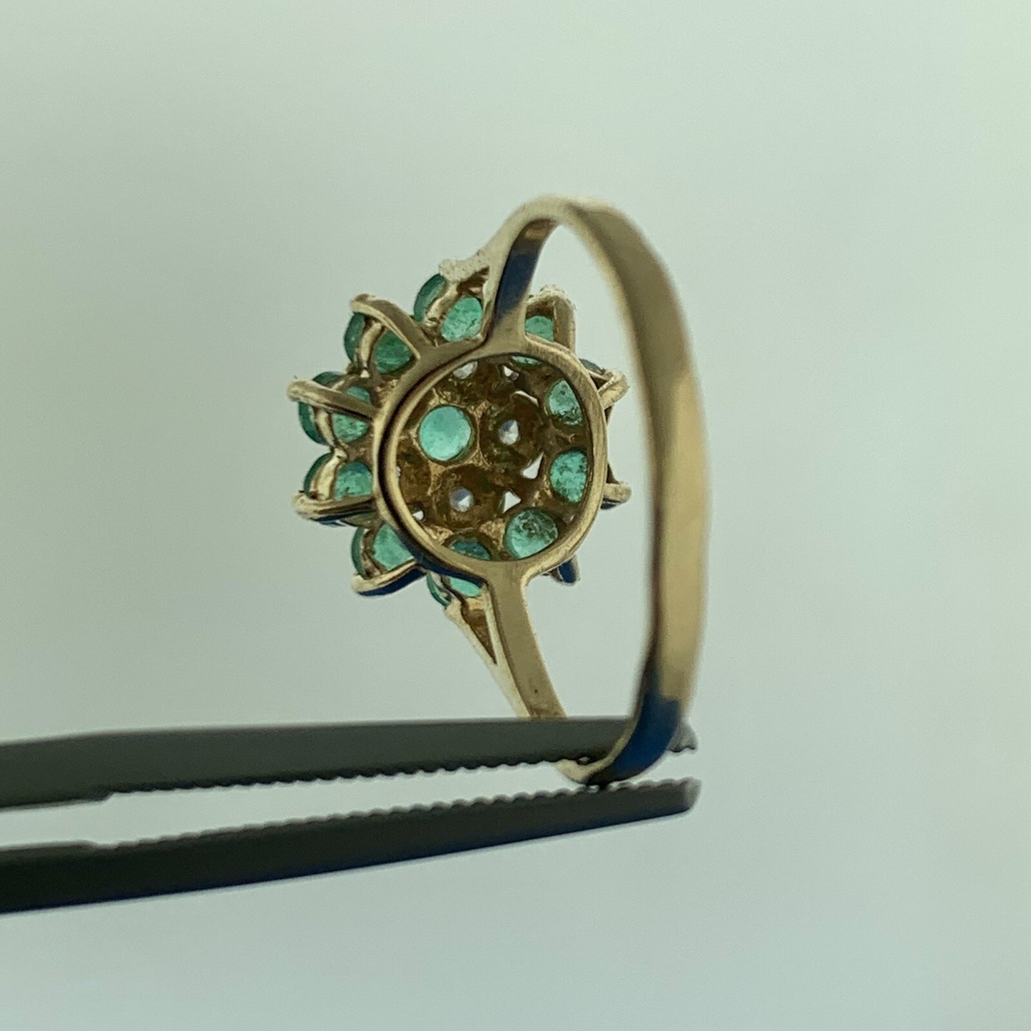 Vintage Designer 14K Emerald Diamond Accent Floral Cluster May Anniversary Ring
