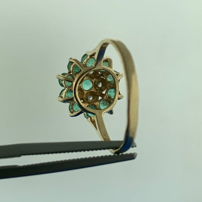 Vintage Designer 14K Emerald Diamond Accent Floral Cluster May Anniversary Ring