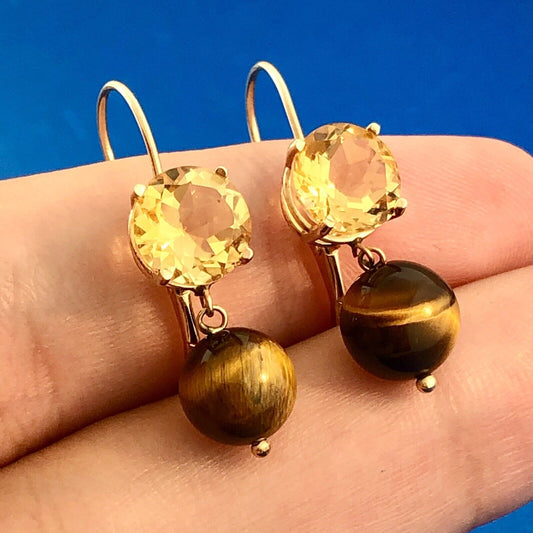 Vintage 14K Yellow Gold Citrine Solitaire Tigers Eye Ball Drop Dangle Earrings